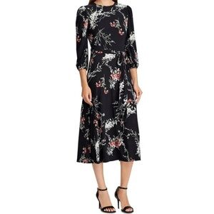 Lauren Ralph Lauren Floral Midi Dress Belted Black 3/4 Sleeve Size 12